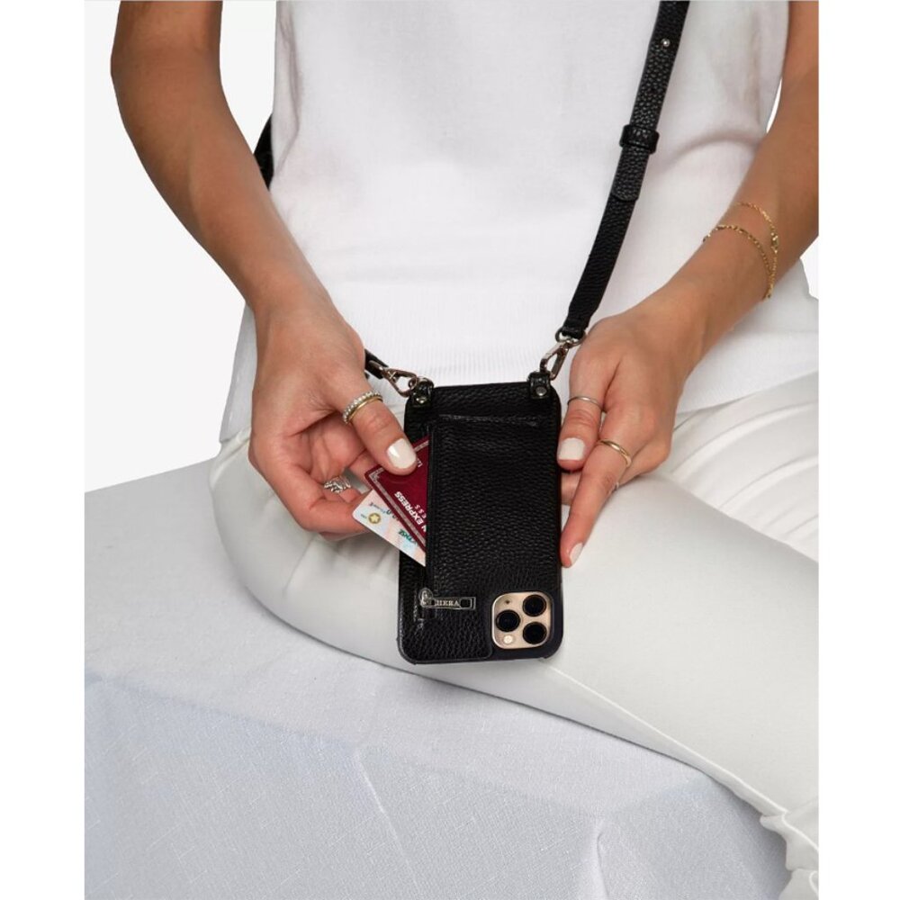 MINT Black HERA designer iPhone 12 Pro Vegan leather cross body case with strap - Picture 7 of 11